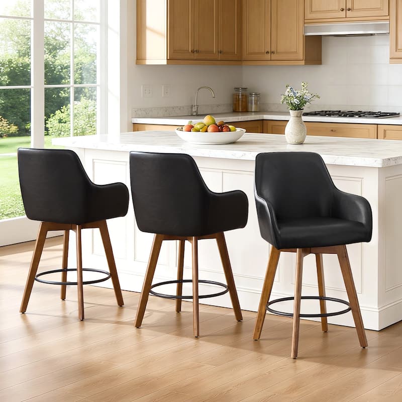 25 Inch Upholstered Swivel Counter Height Bar Stool with Armrests, Solid Wood Legs - 23.6"W x 22.4"D x 40.2"H