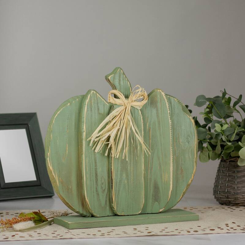 14.75" Sage Green Fall Harvest Wooden Pumpkin Bow Table Top Decoration