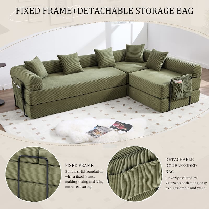 HOMEFUN Corduroy Upholstered Convertible Folding Sofa Bed with Fixed Frame and Pillow Back Handrail