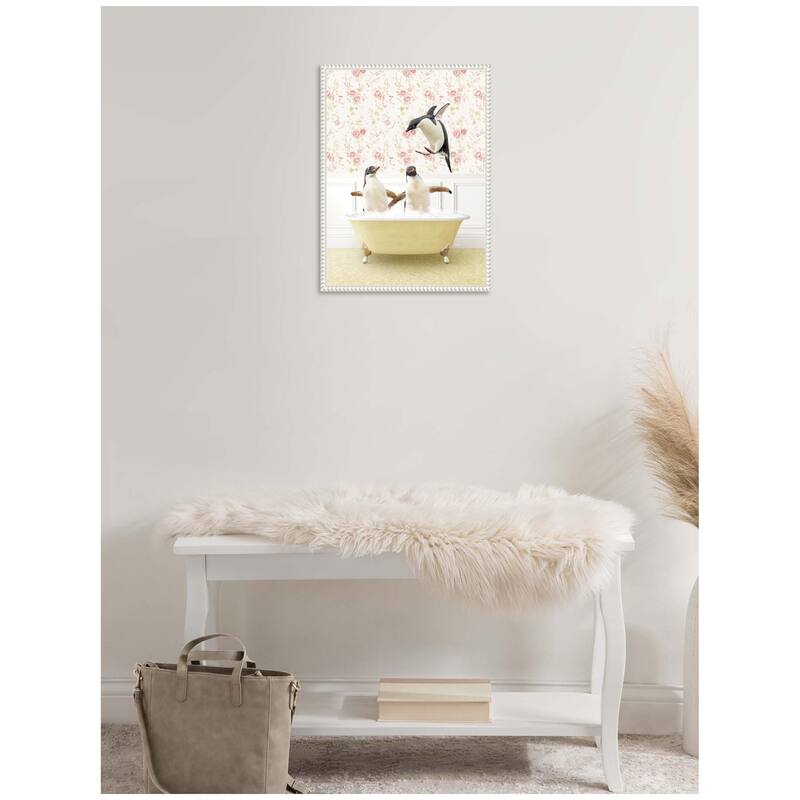 Kate and Laurel Sylvie Penguins in Vintage Yellow Bath Framed Canvas by Amy Peterson