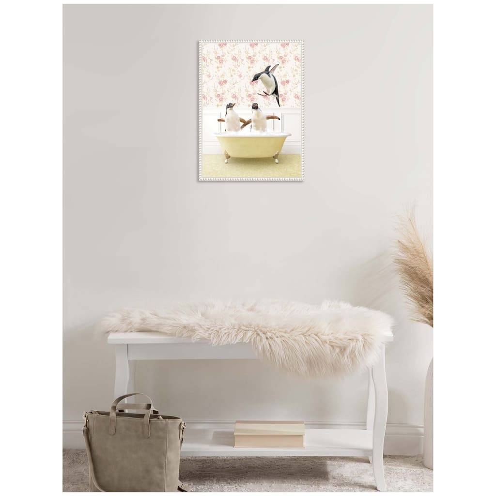Kate and Laurel Sylvie Penguins in Vintage Yellow Bath Framed Canvas by Amy Peterson