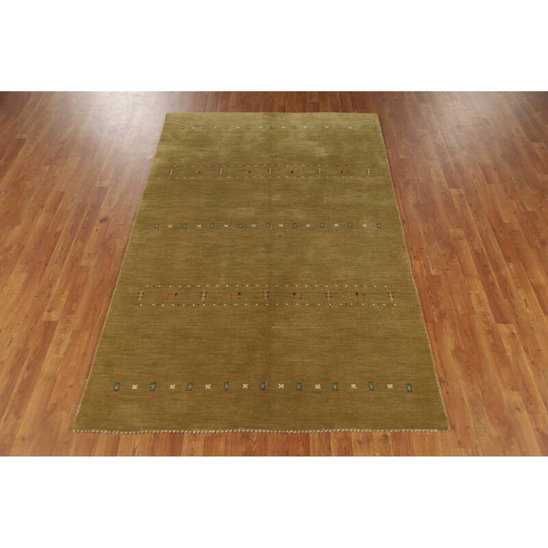 Green Tribal Gabbeh Indian Area Rug Hand-Knotted Oriental Wool Carpet - 5'0" x 7'9"