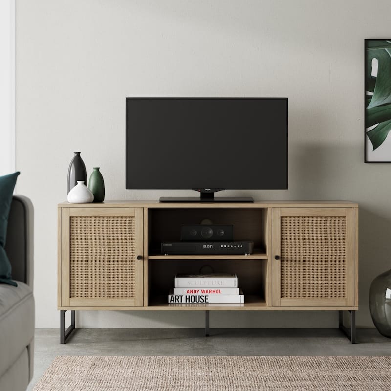 Nathan James Mina Modern TV Stand Entertainment Cabinet Media Console Oak Wood and Black Accents w/ Storage Doors