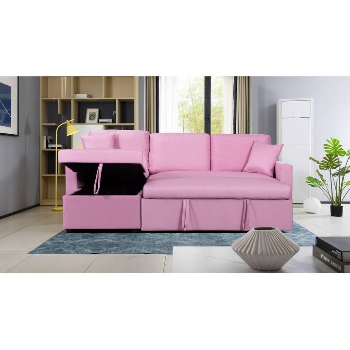 Paisley Linen Fabric Reversible Sleeper Sectional Sofa with Storage Chaise