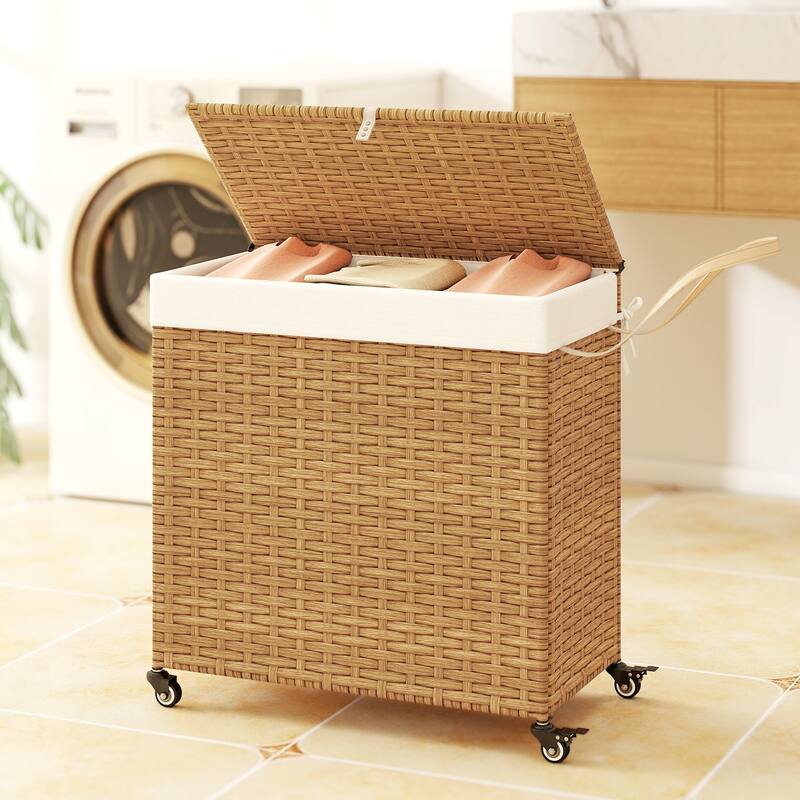 3-Compartment Laundry Basket Bags with Wheels Lid and 125L Capacity Removable - 25.5" x 13" x26" (L x W x H)