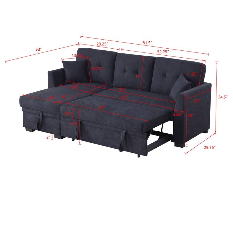 Sectional Sofa Bed, Dark Blue, Wood+Fabric, Space-saving