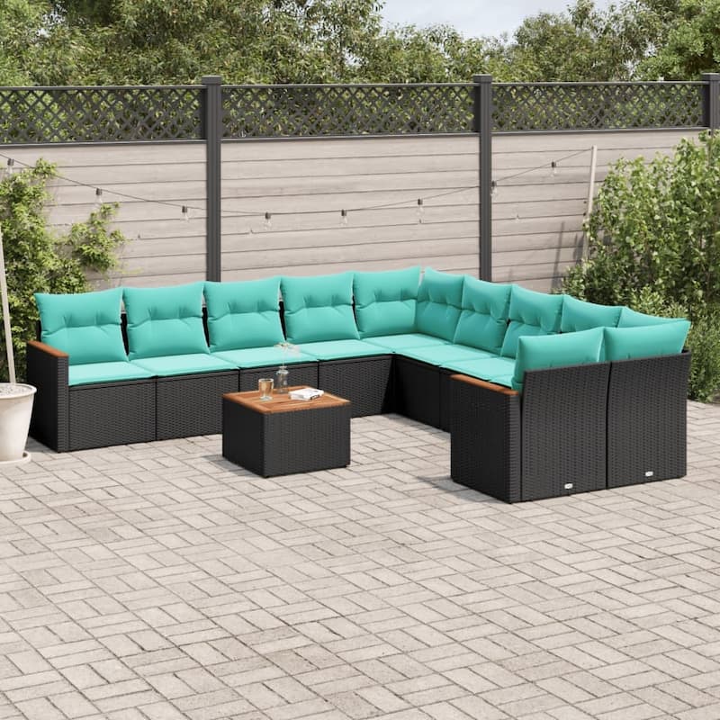 vidaXL 10 Piece Patio Sofa Set with Cushions Black Poly Rattan - 24.4x27.2x24.4 - With table