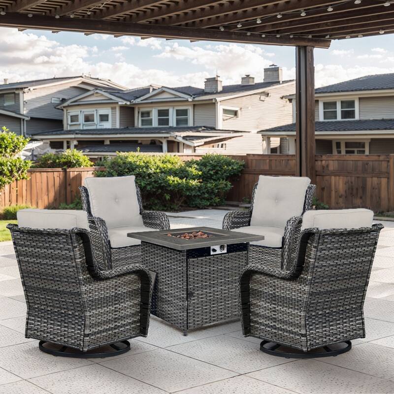 Gymojoy 5-Piece Outdoor Wicker Patio Furniture with Fire Pit Table, Rattan Coversation Set with Water Resistant Thick Cushions - Grey Wicker / Beige Cusion - 5-Piece