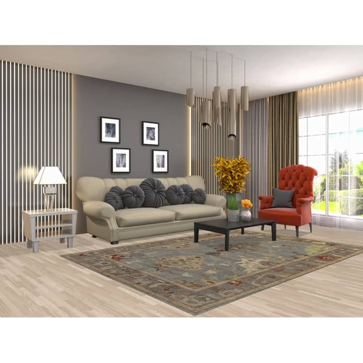 Hand Knotted Oriental 100% Wool Carpet Transitional Floral Navy Blue & Blues Oushak Area Rug - 8' 6'' X 6' 0''