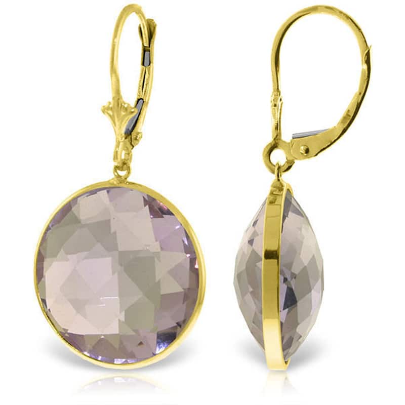 14K Solid Gold Leverback Gemstone Earrings Round Amethyst Certified - Yellow