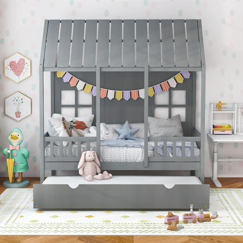 Gymax Twin Size House Bed with Trundle Fence Decor Wooden Windows Tall