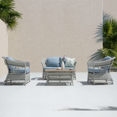 4-Piece Wicker Sofa Set with Stationary Chair and Coffee Table