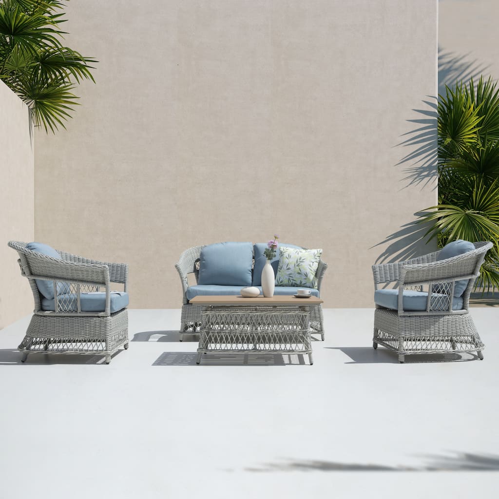 4-Piece Wicker Sofa Set with Stationary Chair and Coffee Table