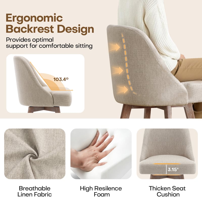 26" Upholstered Counter Height Swivel Bar Stool, Counter Stools with Solid Wood Legs - 39.37"H x 22.44"D x 21.65"W