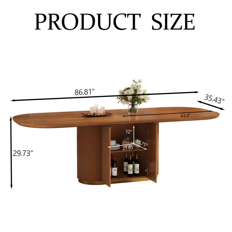86.8" Oval Mid-Century Modern Dining Table (Seats 8-10), Brown Solid Wood Veneer Kitchen Table with Built-in Storage