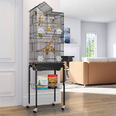 62"H Metal Large Bird Cage with Roof Top, Rolling Stand and Toys