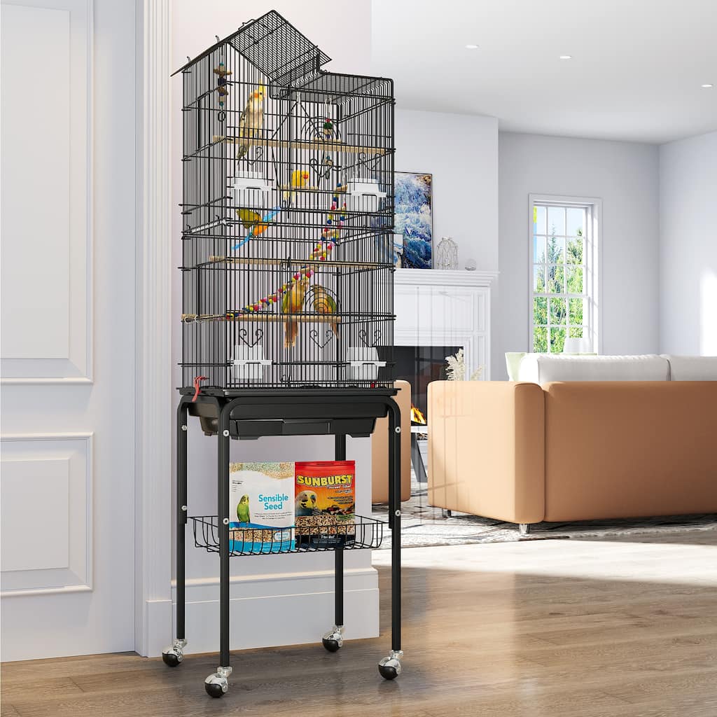 62"H Metal Large Bird Cage with Roof Top, Rolling Stand and Toys