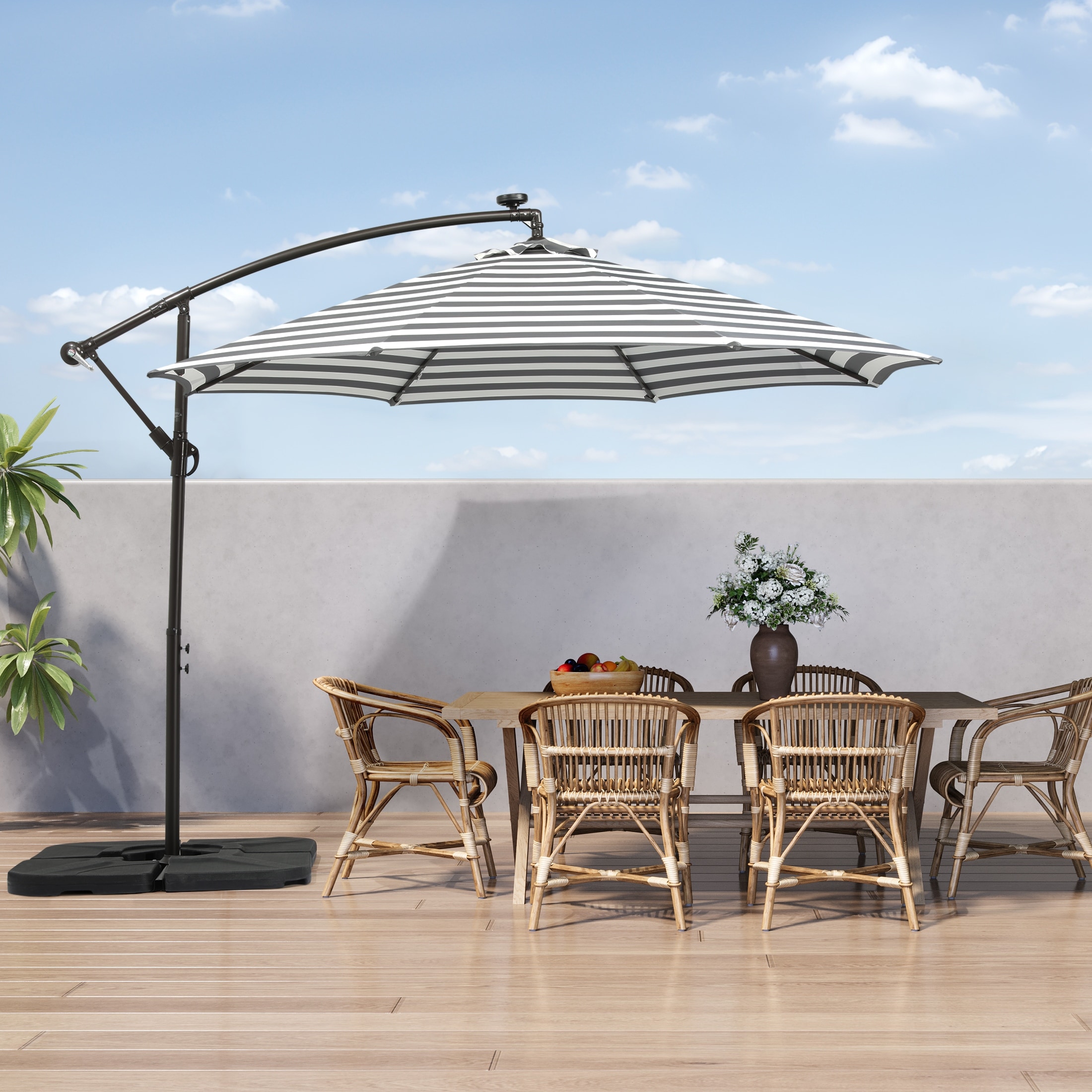 black and white patio umbrella with solar lights WestinTrends 10 ft Outdoor LED Cantilever With the solar panel located at the top 9 ft Solar Umbrella 32