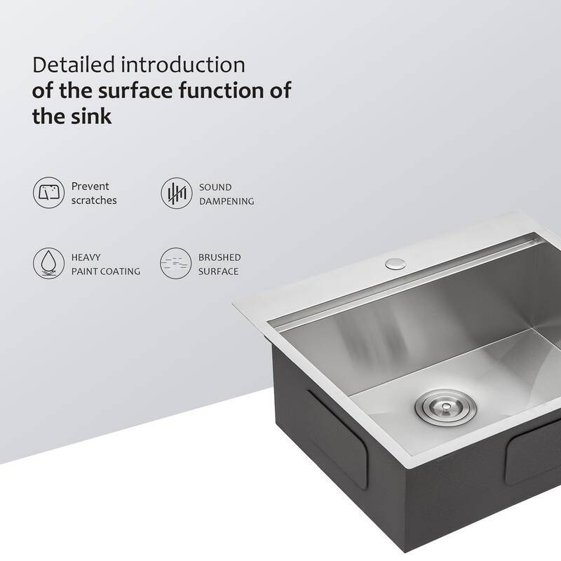 25 Inch Drop Kitchen Sink Stainless Steel 16 Gauge Workstation Sink Drop-in Topmount Single Bowl - Brushed Nickel