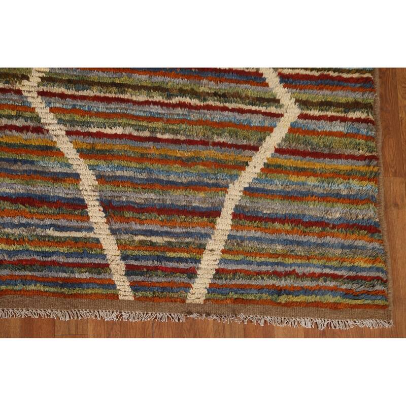 Hand Knotted Oriental 100% Wool Carpet Modern Stripe Multi-Colored Moroccan Area Rug - 13' 0'' X 9' 7''