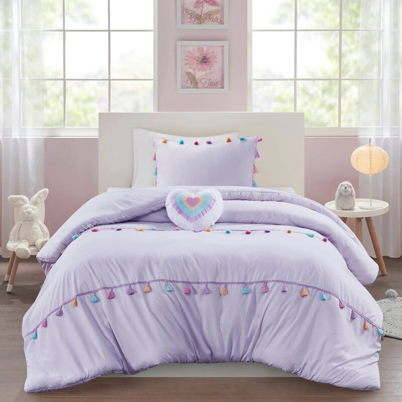 Intelligent Design Kids Tanya Tassel Comforter Set with Heart Shaped Throw Pillow - Lavender - Full - Queen