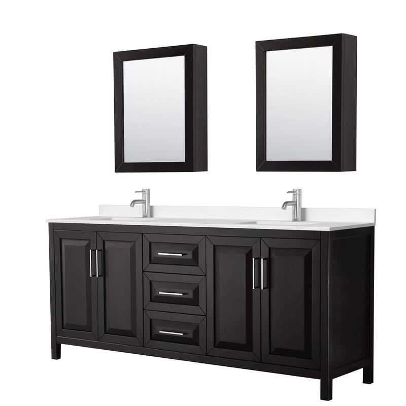 Daria 80-inch Double Vanity, Single Hole Quartz Top, Med Cabinets - Dark Espresso, Chrome Trim, White Quartz Top