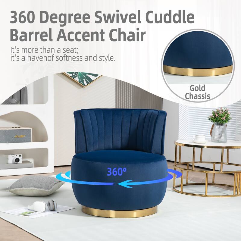 Swivel Barrel Chair, Comfy Velvet Upholstered Accent Sofa Chair, Leisure Club Chair with Shell-Shaped Back & Angled Armrests