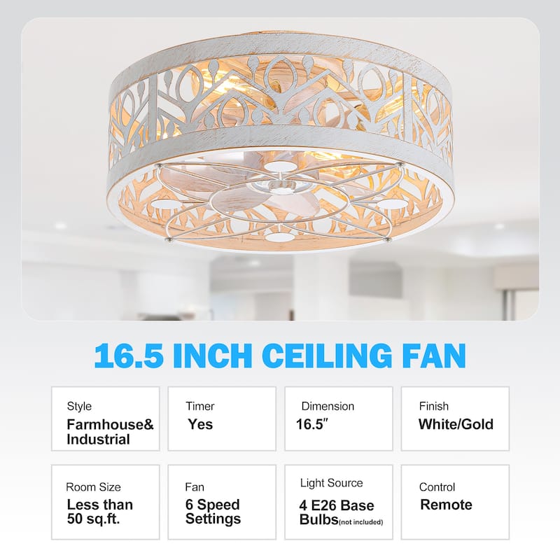 Breezary 16.5"/20" Vintage Distressed White/Matte Black Low Profile Ceiling Fan with Remote (7-Blade)
