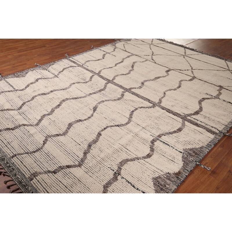 All-Over Striped Moroccan Abstract Area Rug Hand-Knotted Wool Carpet - 7'8"x 10'10"