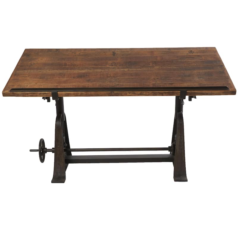Teak Wood Drafting Style Desk with Tilting Top and Crank Height Adjustment - Brown - Roche River Decor