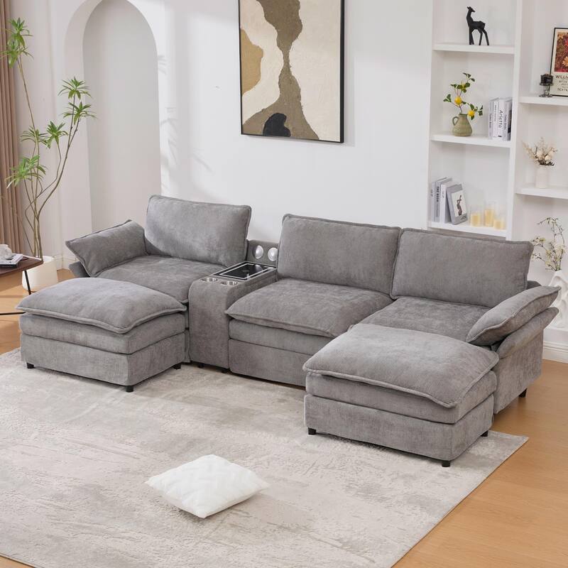 U-Shaped Chenille Modular Sofa with Bluetooth Speakers, Wireless Charging, Storage Console, 2 Cup Holders & Movable Ottoman