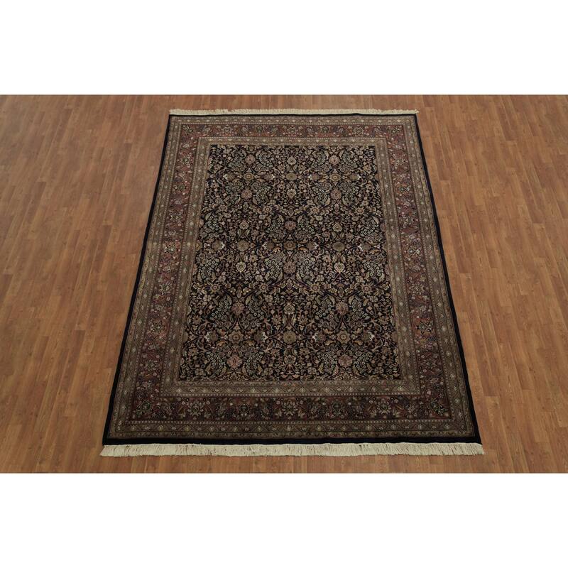 Hand Knotted Oriental 100% Wool Carpet Traditional All-Over Navy Blue & Blues Tabriz Area Rug - 10' 7'' X 7' 9''