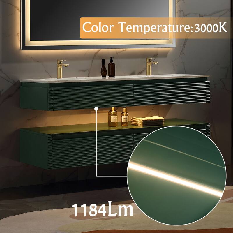 Modland 36/48 Inch LED Floating Vanity with Marble Top & Soft-Close Drawer - Green/White, Wall Drain Ready