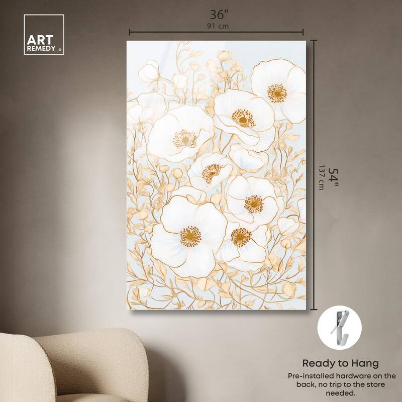 White and Gold Poppies I Acrylic by Art Remedy, Ready to Hang