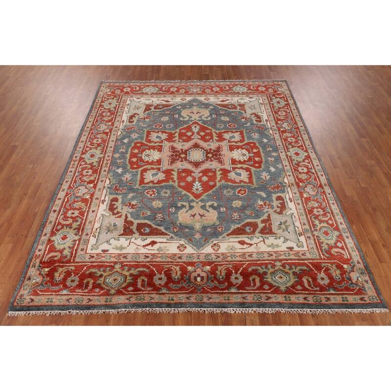Blue & Orange Heriz Serapi Indian Area Rug Hand-Knotted Wool Carpet - 7'11"x 9'10"