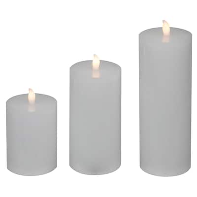 LED Solid Flameless Flickering Wax Pillar Candles - 8" - White - Set of 3