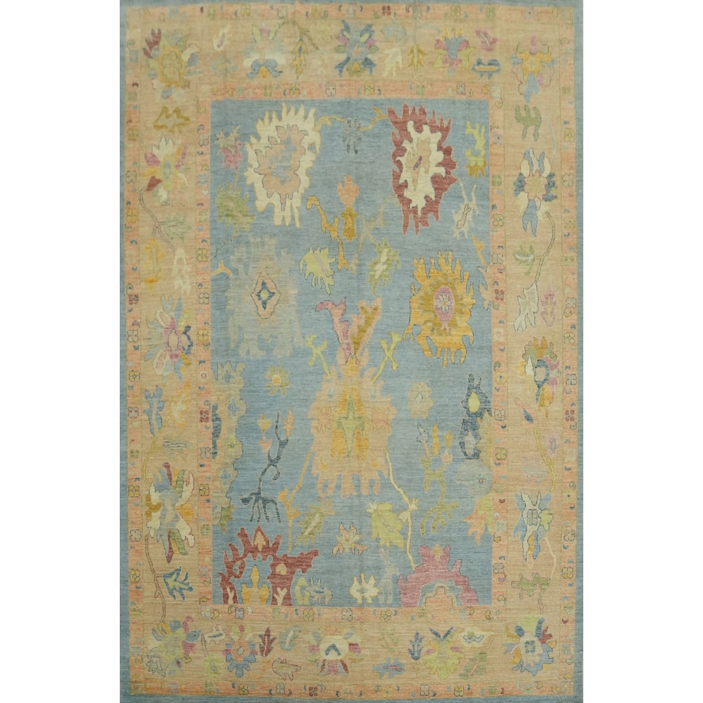 Floral Blue Wool Oushak Vegetable Dye Area Rug, Floral Geometric Carpet - 12' 4'' X 9' 4''
