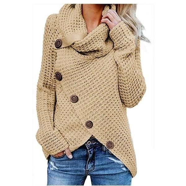 Women's Sweater Chunky Button Turtle Cowl Neck Asymmetric Hem Wrap Pullover Sweater. Opens flyout.
