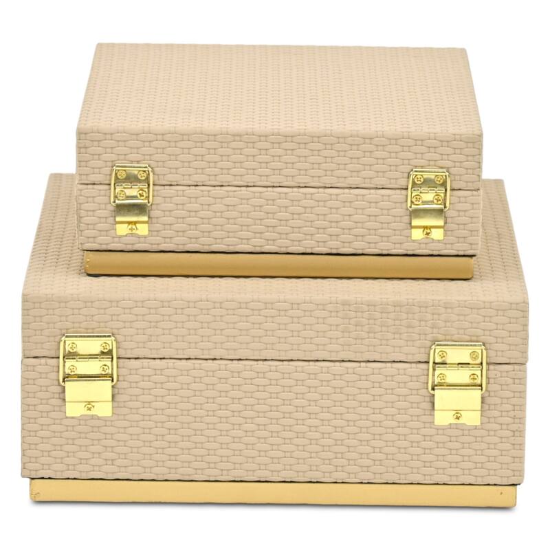 Tamsin Set of 2 Square Decorative Storage Boxes - Wicker Weave Pattern with Gold Hardware