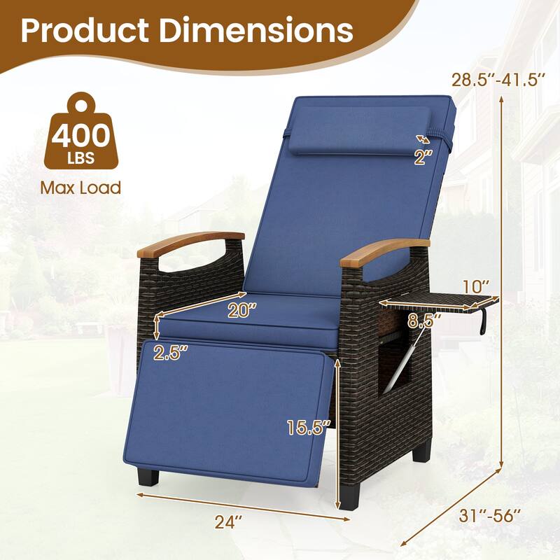 Gymax 2PCS Patio Rattan Lounge Chair PE Wicker Recliner Chair w/