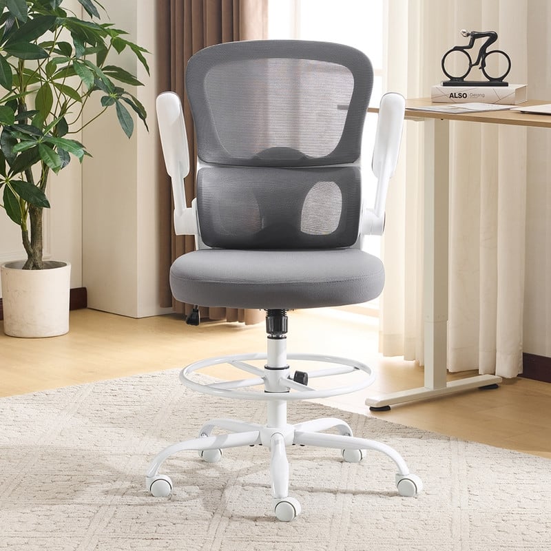 Breathable Mesh Tall Office Chair Drafting Chair With Adjustable Footrest Ring - Grey