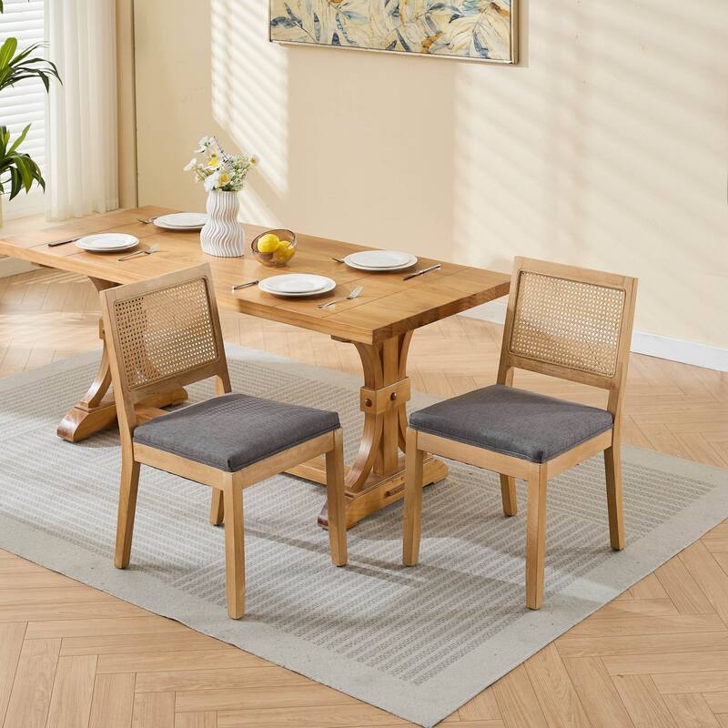 GDF Studio - Harper Mid-Century Farmhouse Wood Rattan Upholstered Dining Chairs - Set of 2