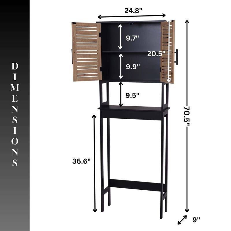 Over The Toilet Storage Cabinet with Double Vented Doors and Open Shelf, Black and Brown - Bergen Collection