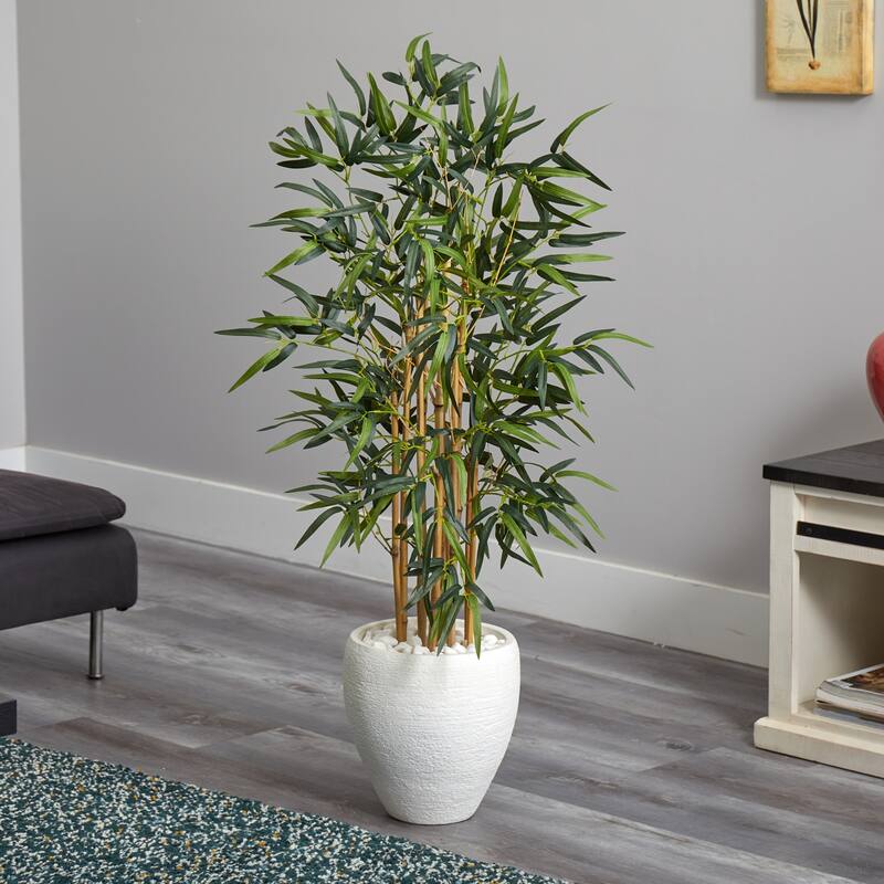 Artificial Tree with Planter - 4ft Indoor Faux Bamboo Tree - White Planter - Realistic Decorative Tree