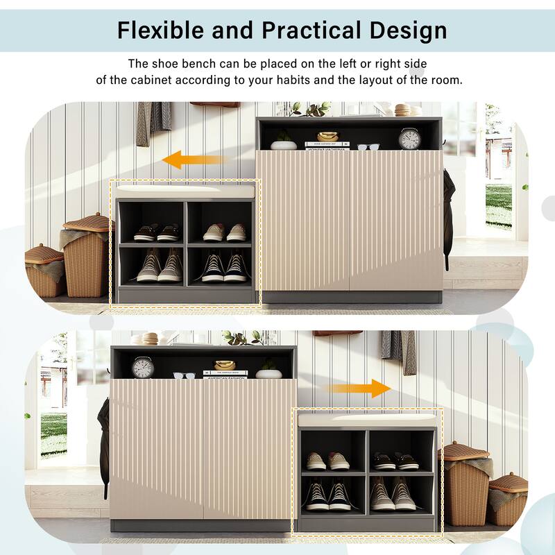 Shoe Cabinet with Bench, Doors & Adjustable Shelves, Entryway Bench with Open Shoe Racks, Storage Console Table with Hooks