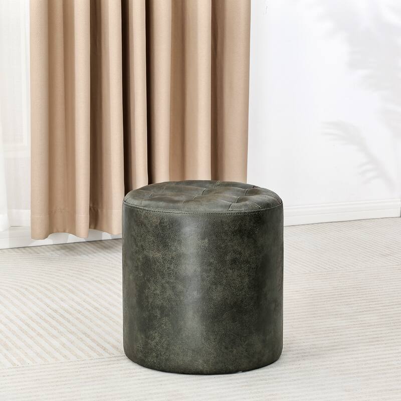 Adeco Round Ottoman Upholstered Tufted Faux Leather Footrest - Green - Medium