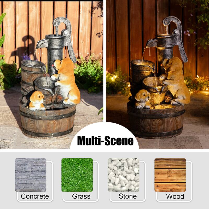 Glitzhome 23.75"H Cute Dog Playing Around the Water Pump Polyresin Outdoor Fountain with Pump and LED Light