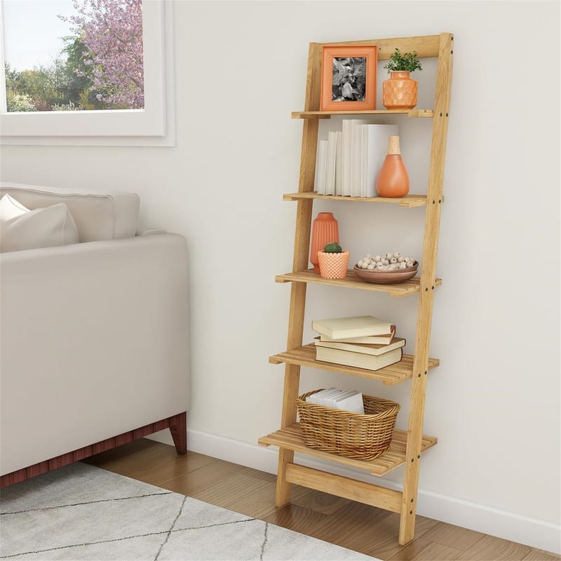 5 Tier Bookshelf Leaning Ladder Shelf Decorative Book Shelves for Bedroom - 11.5"D x 16.25"W x 50"H
