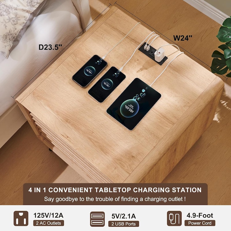 Mid Century Modern Nightstand with charging station, Wood End Table