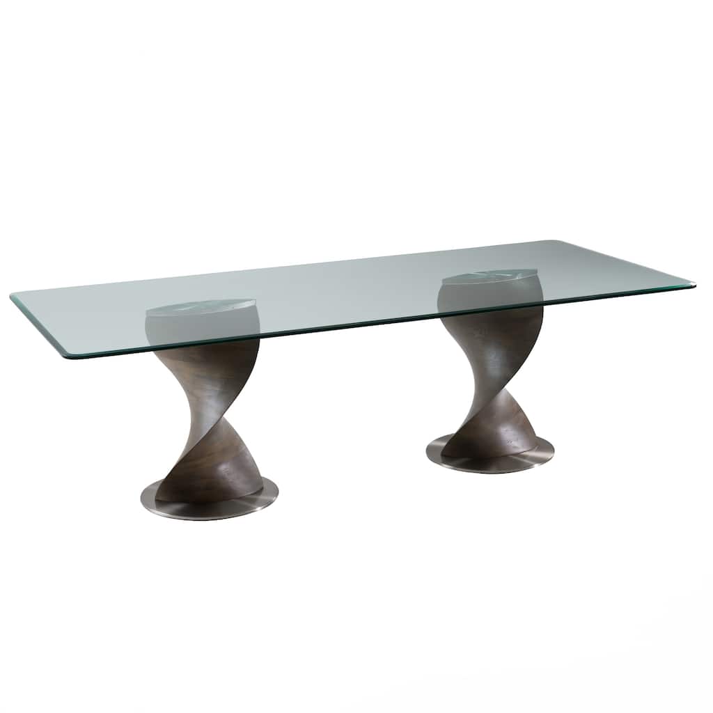 Cid Cleve Dining Table, Gray Wood, 95 Inch Clear Tempered Glass Top - Clear, Gray Ash